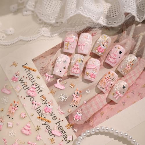 Pink Christmas 5D Embossed Nail Art Stickers Decals - Xmas Tree Snowflake Bear