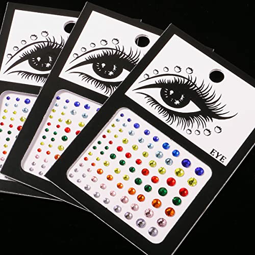 Bowitzki 3 Sheets Self-Adhesive Face Gems Rhinestone Crystal Makeup Stickers