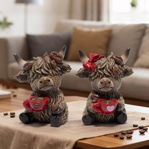 Christmas Highland Cow Coffee Resin Figurines - Farmhouse Holiday Decor