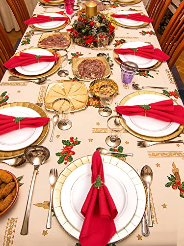 Classic 6 pcs Christmas Tree Napkin Rings Set - Gold & Red Berries, Holiday Table Decor
