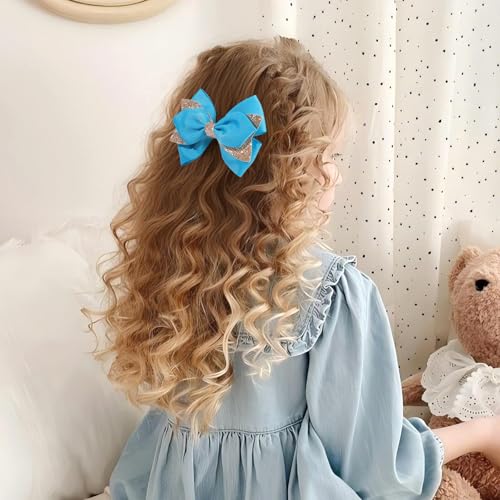 NCMAMA 4-Inch Sparkly Glitter Sky Blue Hair Bow Clips for Girls