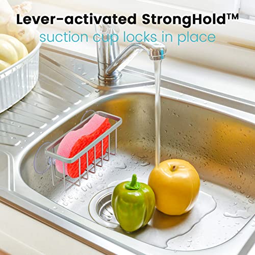 HLOOL Kitchen Sink Sponge Holder - Silver Caddy for Brushes & Soap