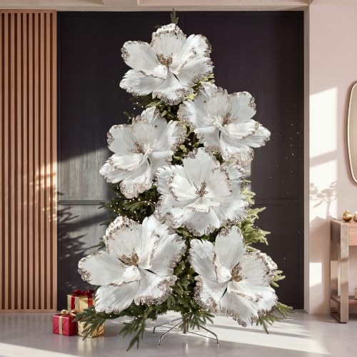 Elegant White Christmas Poinsettia Magnolia Flowers Decor - 6 Pieces Extra Large
