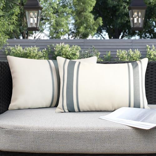 Grey Outdoor Waterproof Pillow Covers 12x20 Inches - Pack of 2 Linen Cushion Cases for Patio Garden & Indoor Decor