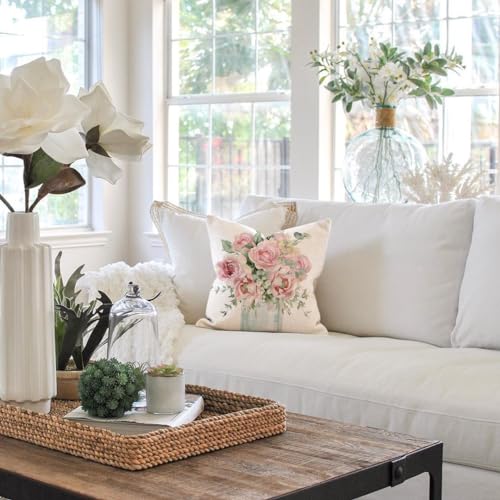 PANDICORN Pink Floral Spring Throw Pillow Cover, 18x18 Inch Farmhouse Decor