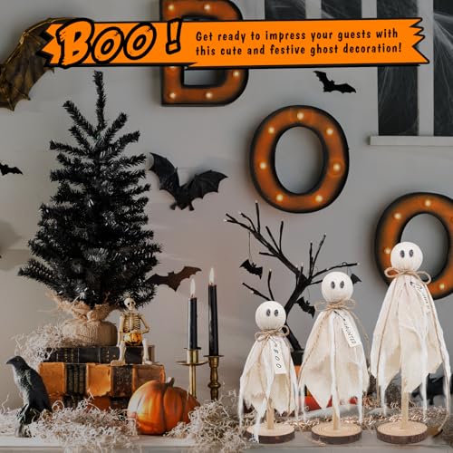 White Wooden Ghost Halloween Decorations - Set of 3 Rustic Shelf Sitters