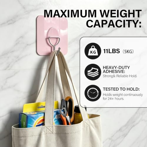 Vollumo 8-Pack Strong Adhesive Hooks - Light Pink, 11lb Weight Capacity