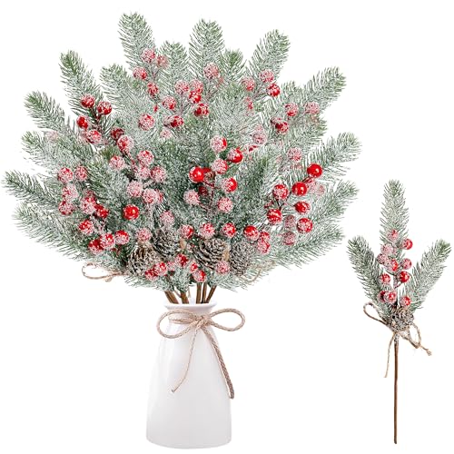 Red Snow Frosted Christmas Berries Pine Picks - 6 Pack Holiday Decor