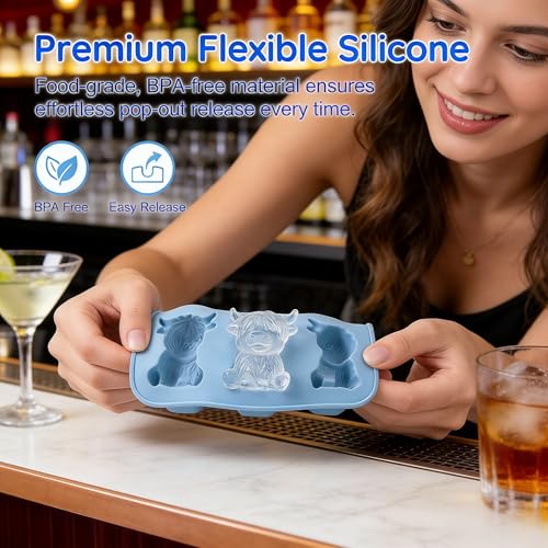 MXU Blue Highland Cow Ice Cube Tray - Reusable Silicone Mold for Whiskey, Chocolate & More