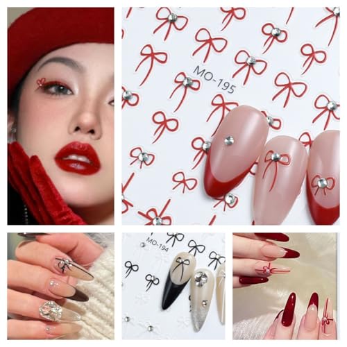 3D French Bow Nail Art Stickers - Self-Adhesive Red White & Black Bow Decals (4 Sheets)