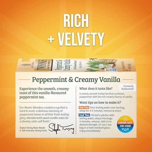 Twinings Peppermint & Creamy Vanilla Herbal Tea - 20 Count, Caffeine-Free, Individually Wrapped Bags, Hot or Iced - Variation: Peppermint & Creamy Vanilla