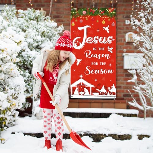 Nativity Door Cover Backdrop - Jesus is the Reason for the Season banner 70.9 x 35.4 in with Rope