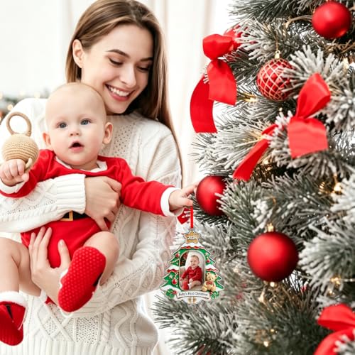 Baby's First Christmas Ornament 2026 - Christmas Tree Decoration with Photo Frame - Teddy Bear & Baubles, Holiday Keepsake