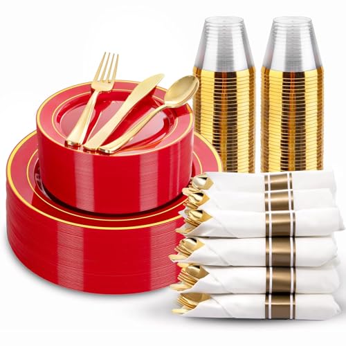 Red Plastic Party Plates Set 175 Pieces with Gold Rim Disposable Dinner & Dessert Plates, Cups & Napkins - Variation of THIS listing