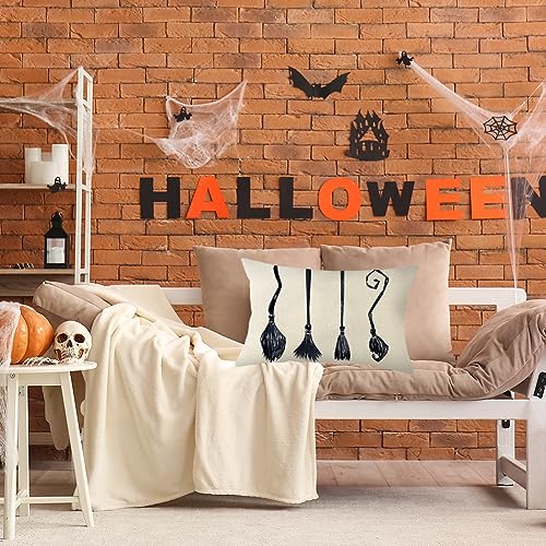 Halloween Witch Broom Throw Pillow Cover - 12x20 Inch Black Cushion Case