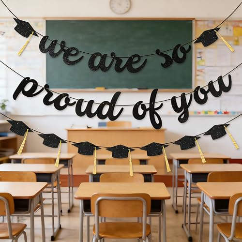 2026 Graduation Banner - Black Glitter 'We Are So Proud of You' Decor