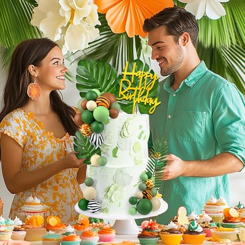 38pcs Jungle Safari Cake Topper Set with Leaves and Foam Balls for Wild Themed Birthday Decorations