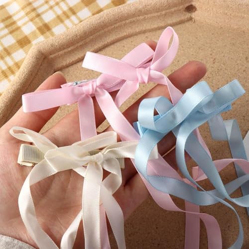 Pink Double Bow Hair Barrette with Long Ribbon for Women and Girls