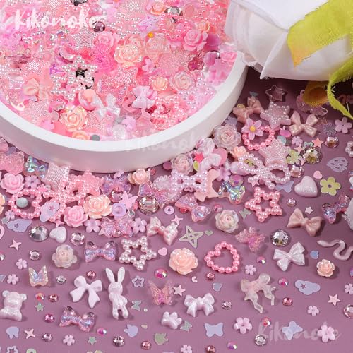 Kikonoke 400Pcs Pink Nail Charms Kit 3D Resin Gems & Rhinestones