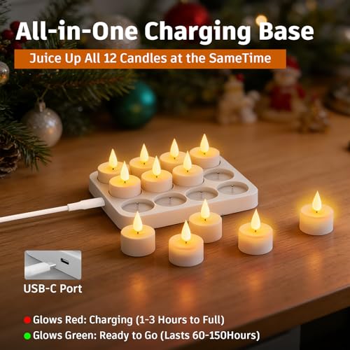 Rechargeable Flameless Tea Lights with Charging Base Remote & Timer 12-Pack
