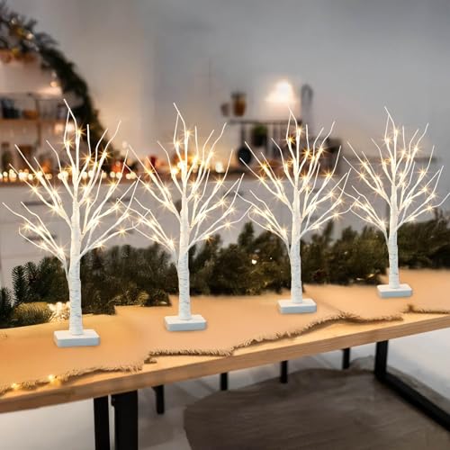 PEIDUO 22 Inch Indoor Birch Tree with LED Lights, Timer, Battery Powered, 4 Pack