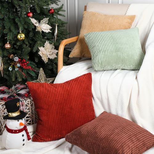 Colingmill 6 Pcs 18x18 Fall Corduroy Pillow Covers - Soft Boho Striped Cushion Covers for Home Decor