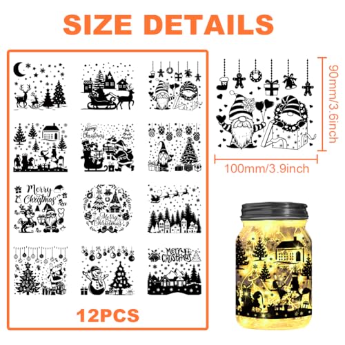 12 Pcs Christmas Silhouettes Jar Stickers - Snowman, Tree & Santa Decals