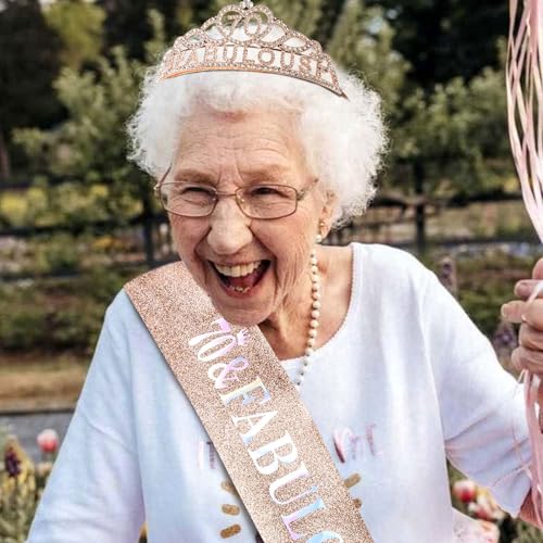 70th Birthday Decorations for Women, Rose Gold 70th Birthday Sash and Crown Tiara for Women 70th Birthday Party Favor Decorations 70 and Fabulous Sash and Crown