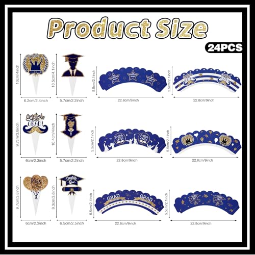 Graduation Cupcake Toppers & Wrappers Set - 24PCS Blue Grad Decorations