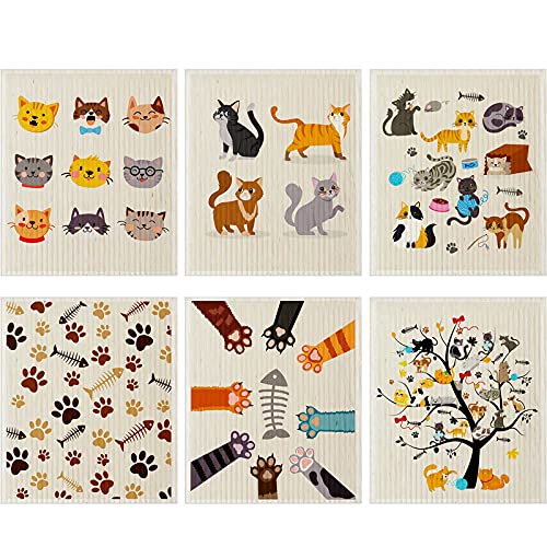 Geiserailie 6 Pack Cat Dishcloths - Reusable Kitchen Towels