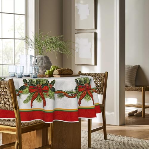 Christmas Tablecloth 90x90 Inch Round Poinsettia Gold Ribbon Red Variation