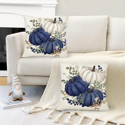 Fall Blue Pumpkin Pillow Covers 16x16 Inch Set of 2 - Farmhouse Decor