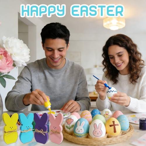 Wooden Easter Bunny Table Decor Set, 4-Piece Freestanding Spring Rabbit Accents