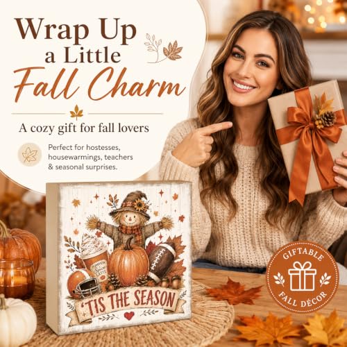 Fall Football Pumpkin Wood Sign, 5x5 Inch Autumn Shelf Decor (FALL81)