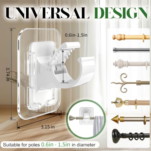 Detachable No Drill Curtain Rod Brackets - Adhesive 20LB Support, White (2 Pack)