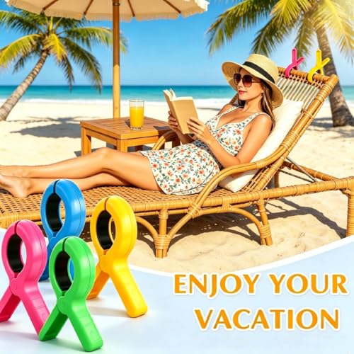 8 Pack Heavy Duty Windproof Beach Towel Clips with Storage Bag - Vibrant Colors
