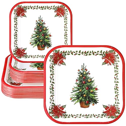 Christmas Paper Plates Disposable Set 100 Pcs Red Green Xmas Tree Design
