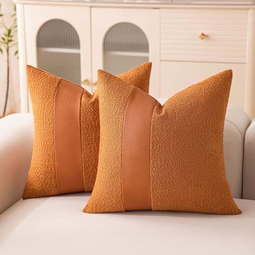 Pack of 2 Tobacco Boucle Pillow Covers 18x18 Inch - Soft Faux Leather Throw Pillows