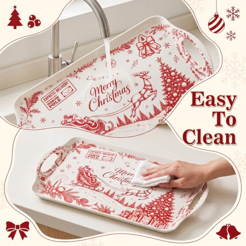 Christmas Serving Trays with Handles - Vintage Red & Green Set of 2, 19 x 11.6 Inch Melamine Platters with Silicone Mats