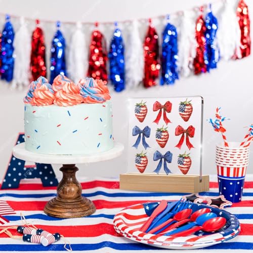 Patriotic Strawberry Acrylic Plaque with Wooden Stand for Independence Day Decor