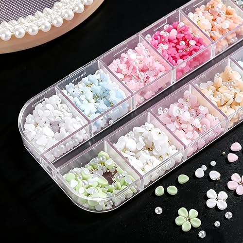 Tephrent 2 Boxes 3D Flower Nail Charms & Caviar Beads Rhinestones Set