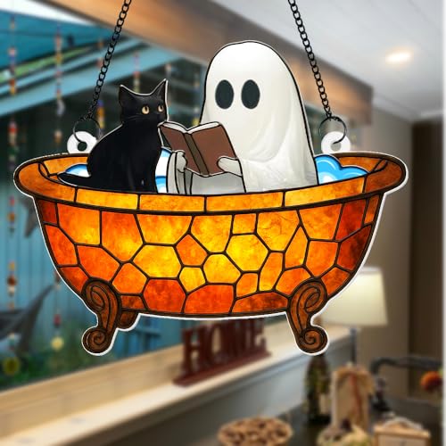 Halloween Ghost Cat Sun Catcher - Stained Glass Window Decor for Halloween & Gothic Home Accent