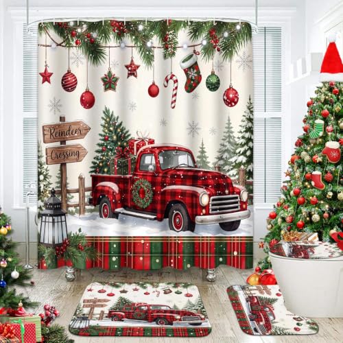 ArtSocket Christmas Bathroom Set with Shower Curtain and Rugs - Truck Red