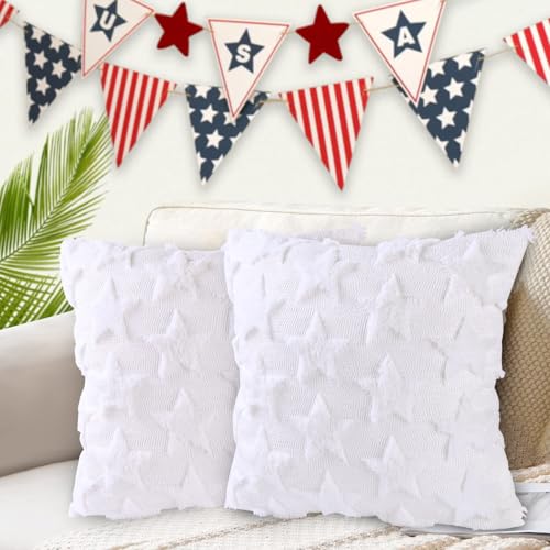 Heirloom Haven 4th of July White Star Throw Pillow Covers Set of 2, 18x18 Inch Holiday Decor