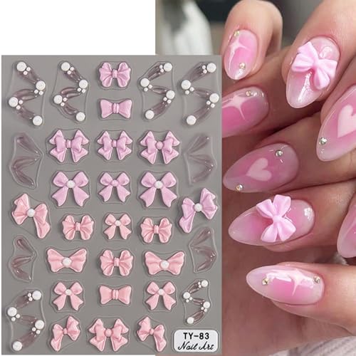 5D Embossed Pink Bow Nail Stickers Kawaii Japanese Style Decals