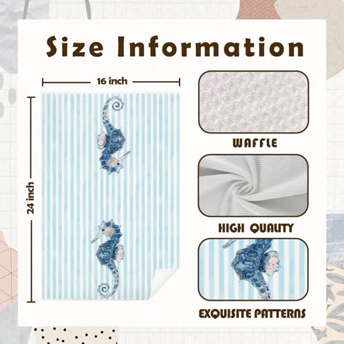 Sea Horse Kitchen Towels - Blue Striped Seahorse Design, 16x24 Inch