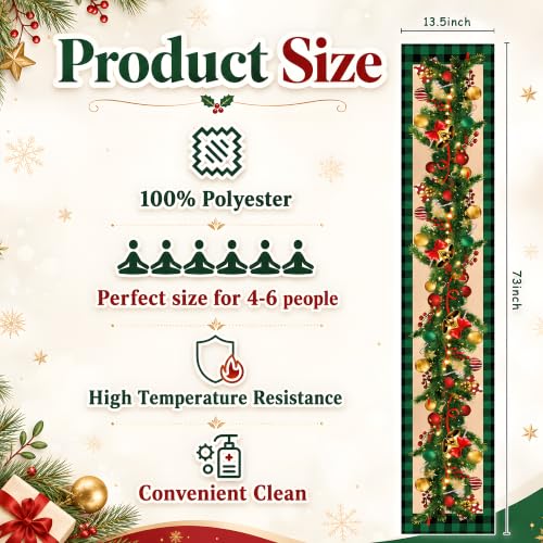 Christmas Ornament Bells Table Runner - Rustic Holiday Decor with Pine & Bells - 73x13 Inches