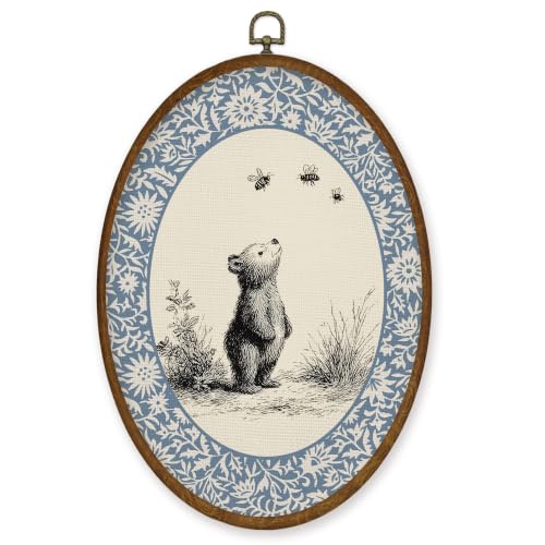 Vintage Bear Oval Framed Canvas Wall Art for Kids Room