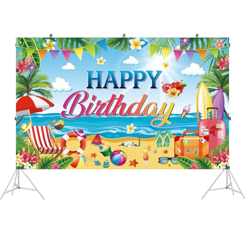 Happy Birthday Tropical Beach Backdrop - Hawaiian Luau Party Banner, 71 x 43 Inch