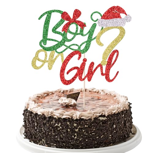 Christmas Boy or Girl Gender Reveal Cake Toppers with Glitter Santa Hat